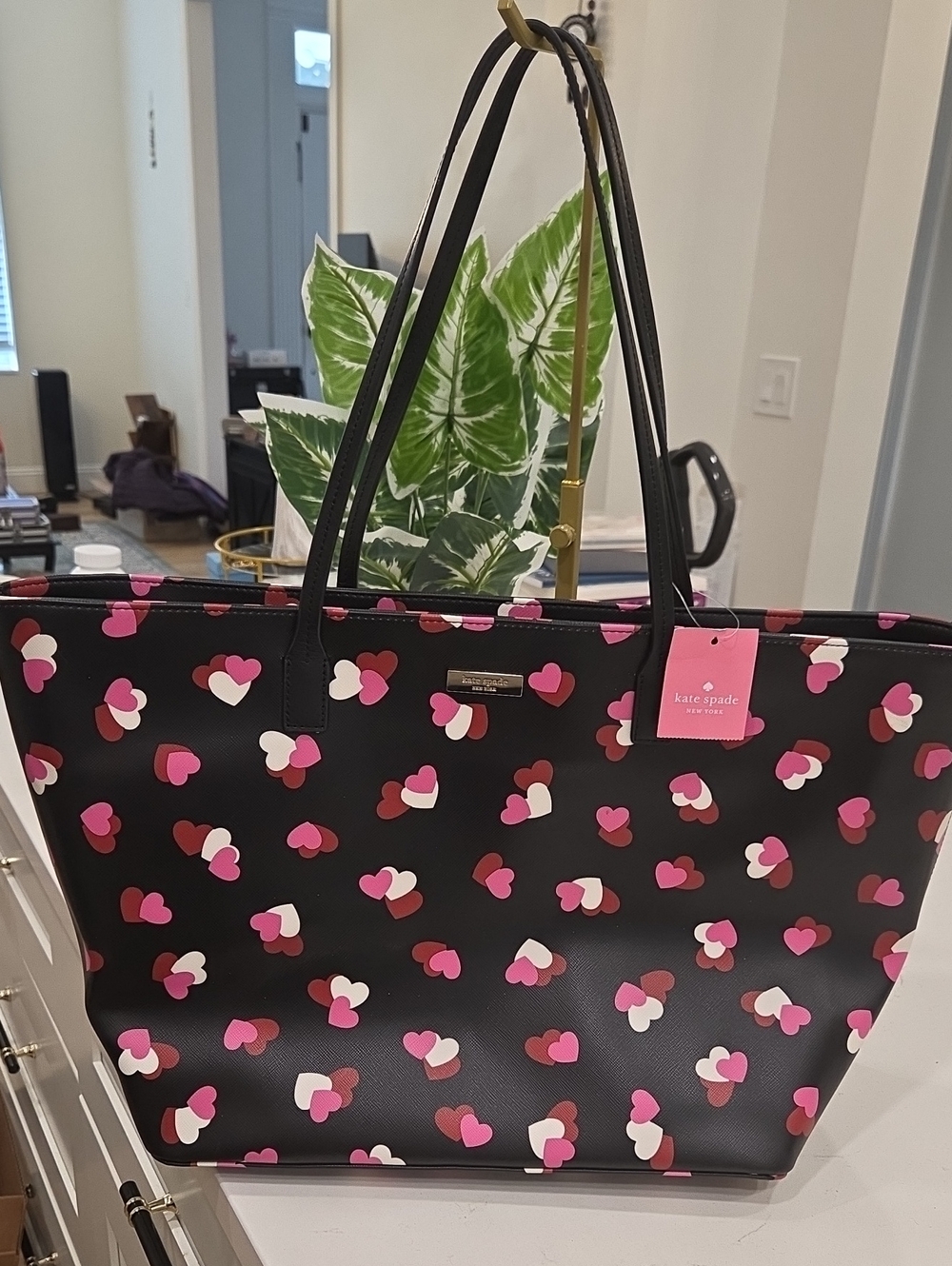 kate spade Black Tote with Pink, White and Burgundy Heart Print